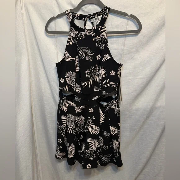 Elegant Black and White Floral Romper W/ Cutouts - Picture 1 of 6